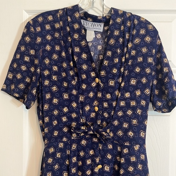 VTG Bichon by Sara Edwards Women’s Size Small Blue Rayon Midi Dress Tie Back H1 - Picture 2 of 10